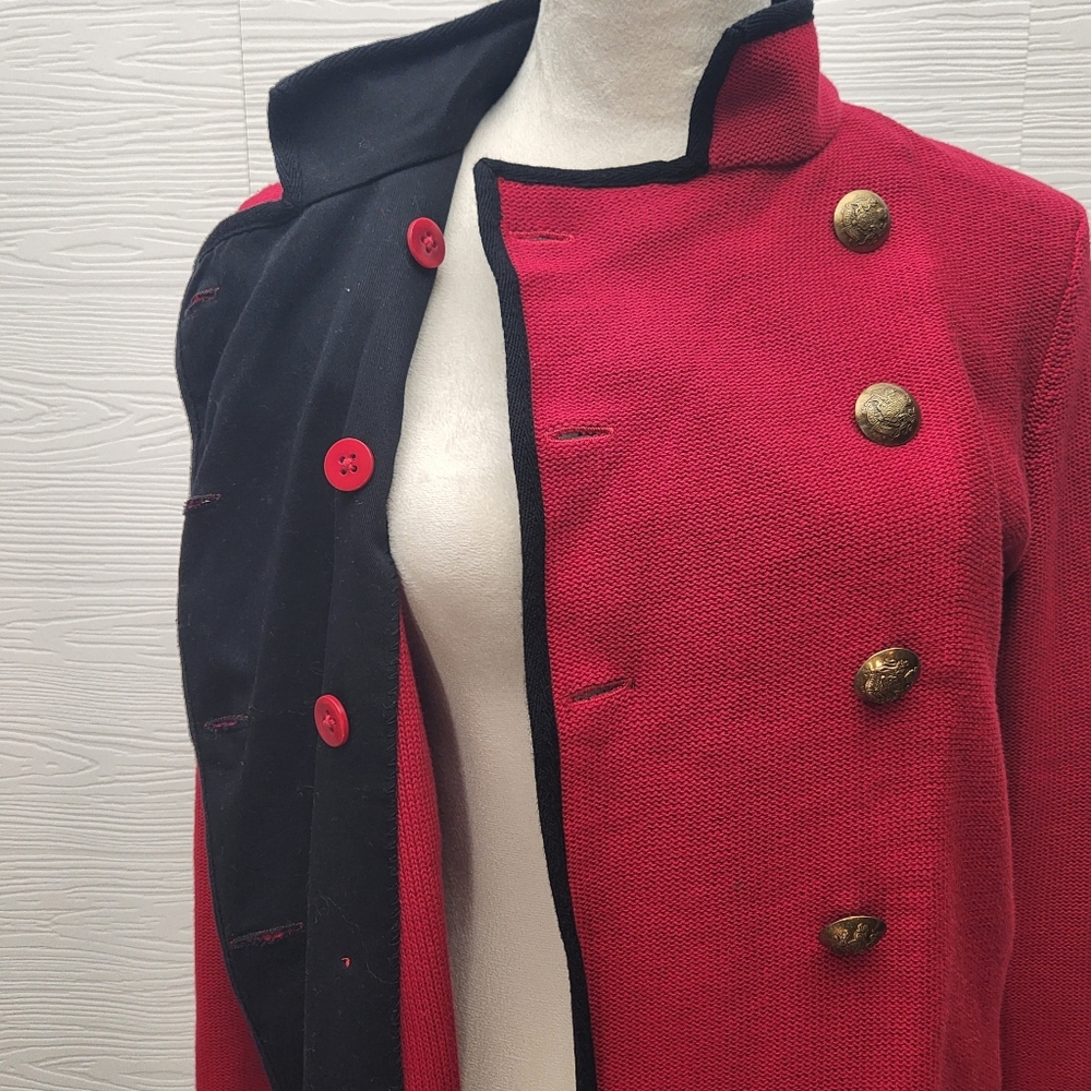 Lauren RALPH LAUREN RED Sweater Military BLAZER JACKET Sz M Gold Button Holiday - Picture 8 of 10